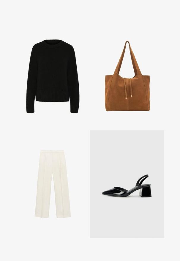 Black sweater made of soft, fuzzy material. Features a round neckline, long sleeves, and ribbed hem. Simple design with no patterns or accents.; Wide-legged trousers in a light cream color. Made from a smooth fabric with pleats at the front and side pockets.; Black patent leather slingback heels with a pointed toe and a geometric block heel. Features a sleek, minimal design and smooth texture.; Brown suede tote bag with two long straps, drawstring closure, and minimalistic design. Smooth texture and no visible hardware accents.