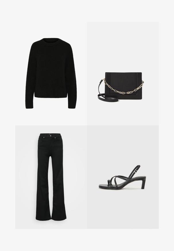 Musta sviiter pehmest ja udusest materjalist. Omab ümmargust kaelust, pikki varrukaid ja ribaga lõpetust. Lihtne disain ilma mustrite või aksessuaarideta.; Mustad laiad teksapüksid, valmistatud denimist, kõrge vöökoht, viis taskut ja metallist nööpkinnitus. Sujuv tekstuur väheste detailidega.; Mustast rihmajalatsid ruudukujulise varba ja madala ploki kontsaga. Omab mitmeid õhukesi rihmasid ja reguleeritavat pahkluu rihma. Valmistatud siledast nahast.; Mustast nahast õlakott, mis omab siledat tekstuuri, ristküliku kuju ning esiküljel metallketi detaili. Reguleeritav rihm on kaasas.