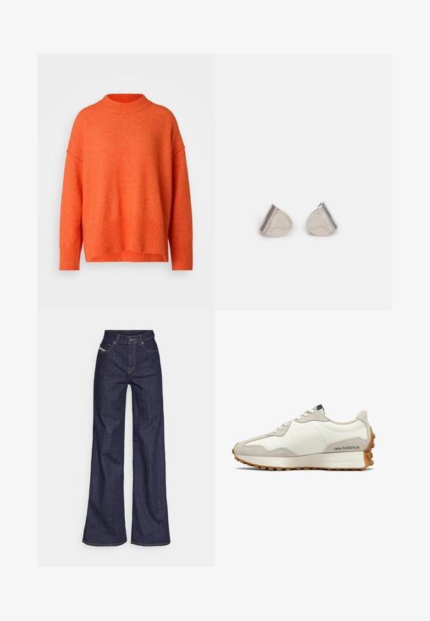 Oransje oversized genser med høy, ribbet hals og ribbet kant. Mykt, teksturert stoff med senkede skuldre og avslappet passform.; Mørkeblå vide jeans i denim med høy midje, med oransje sømmer, fem-lomme-design og knappelukking.; Hvit og beige sneaker med glatt skinnoverdel og semsket skinn detaljer. Har runde lisser, en polstret såle og en teksturert gummiyttersåle.; Sølvmetalløreringer med en jevn, dråpeform og en polert finish. Subtile graveringer legger til detaljer. Minimalistisk design.