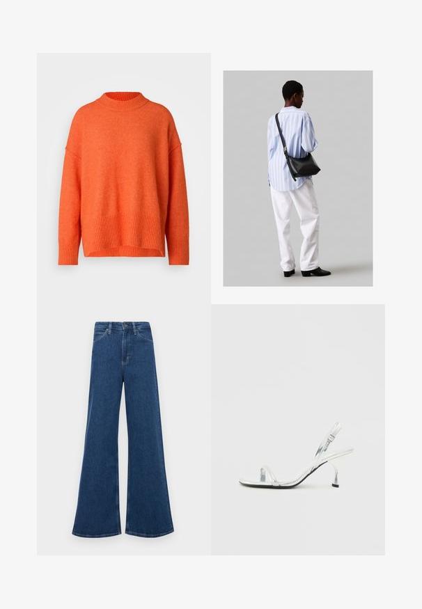 Pulover oversized portocalie cu guler înalt, cu nervuri și tiv cu nervuri. Material moale, texturat, cu umeri căzuți și croială relaxată.; Jeans din denim albastru cu talie înaltă, cu o croială evazată, având cinci buzunare, închidere cu nasture și cusături în contrast pe șuvițe.; Sandale cu toc înalt slingback din piele patent argintie, cu o curea îngustă pe degete, cataramă ajustabilă și un toc subțire.; Geantă de umăr din piele neagră cu o textură moale, formă triunghiulară și curea ajustabilă, asortată cu o bluză cu dungi albastre deschise și pantaloni albi.