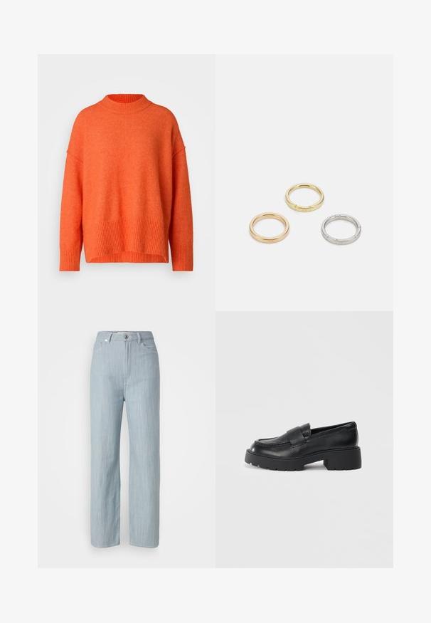 Oranž oversized sviiter kõrge ribatre piires ja ribatre äärisega. Pehme, tekstureeritud kangas, mis sisaldab langetatud õlgu ja lõdva istuvuse.; Heledad sinine sirge säärtega teksapüksid, mis on valmistatud denimkangast. Omab viit taskut, metallist nupuga sulgemist ja õrna kulumist tekstuuri jaoks.; Musträid nahast loafertossud struktureeritud viimistlusega, millel on ristkülikukujuline rihm vampi üle ja jäme, soonikuga talla disain.; Kolme metallist rõngast: üks roosa kuld, üks kuld tekstuursete aktsentidega ja üks hõbe, kõik sisepoolt graveeritud brändinguga.