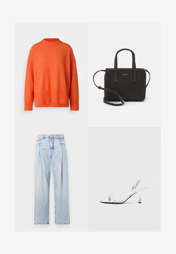 Oranž oversized sviiter kõrge ribatre piires ja ribatre äärisega. Pehme, tekstureeritud kangas, mis sisaldab langetatud õlgu ja lõdva istuvuse.; Heledad sinise denimist valmistatud teksapüksid kõrge vöökohaga, laia jala lõikega, kahe külje taskuga ja pleedi disainiga. Pehme tekstuur ja pleekinud viimistlus.; Hõbe patendiga nahast slingback kõrgendatud sandaal kitsase varbaga rihmaga, reguleeritava pandla ja saleda kontsaga.; Musthave mustrans vöö ja eemaldatav õlarihm. Gludike nahk siledaga, millel on tõmblukk ja logo detail.