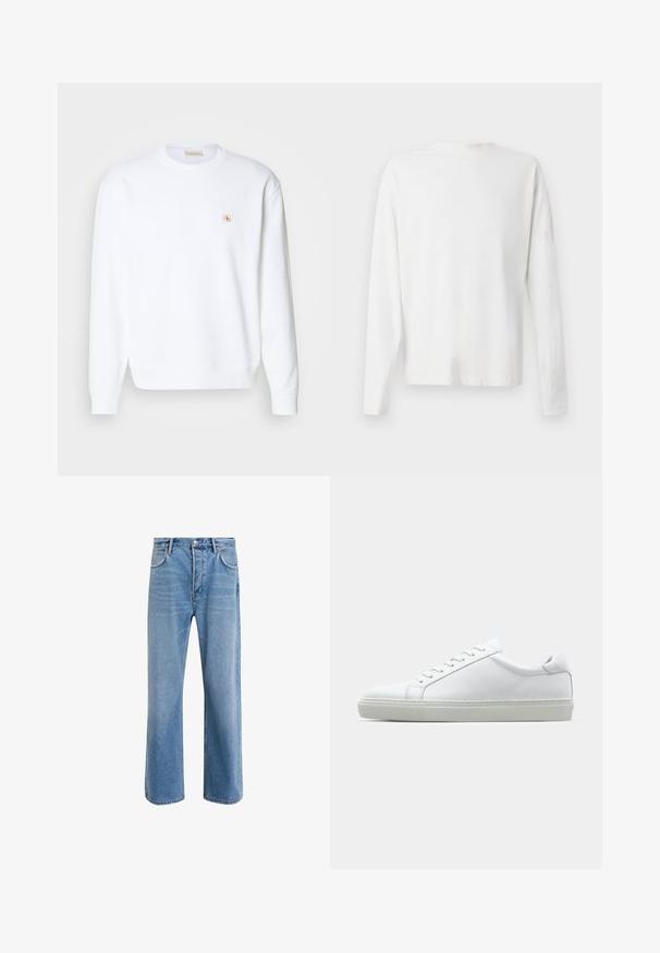Sweatshirt branco com mangas longas, decote redondo e punhos canelados. Apresenta um pequeno logotipo em vermelho e bege na área do peito esquerdo. Textura suave.; Camisa de algodão branca de mangas longas com decote redondo, fendas laterais na parte inferior e uma textura suave, mostrada de trás.; Calças de ganga azul claro com um design de perna reta, cinco bolsos, fecho de botão, desgaste mínimo e detalhes de costura em contraste.; Sapatilha branca com um cabedal em couro liso e de perfil baixo. Apresenta um bico redondo, seis ilhoses e uma sola de borracha texturizada.