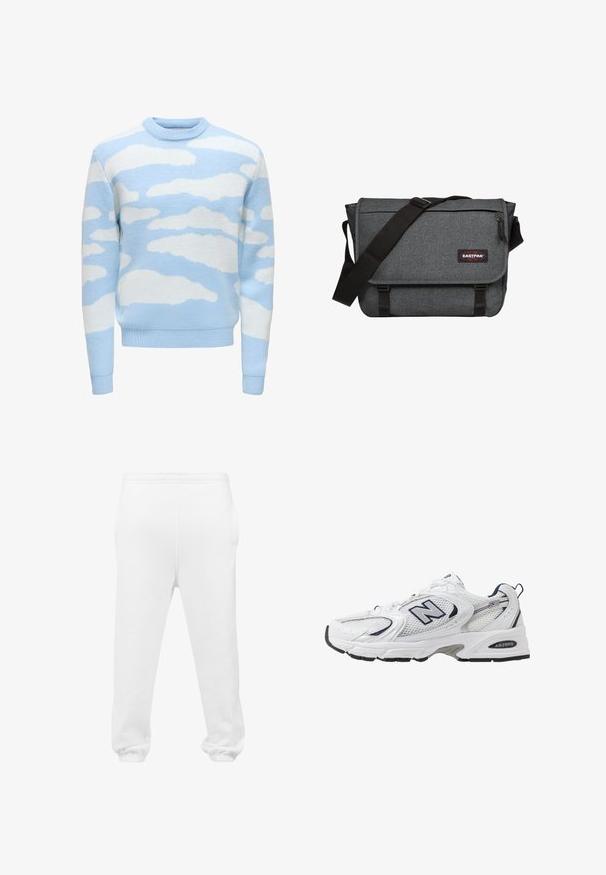 Jasnoniebieski sweter z teksturowanym splotem w chmurki w kolorze białym. Okrągły dekolt oraz ściągacze przy mankietach i dolnym brzegu.; Białe dresy wykonane z miękkiego materiału, z elastycznym pasem w talii, bocznymi kieszeniami i elastycznymi mankietami na kostkach.; Białe sportowe buty z siateczkową cholewką, granatowymi akcentami i wyściełaną podeszwą. Posiadają logo "N", sznurówki oraz teksturowany detal po boku.; Szara torba na ramię z teksturowanym materiałem, czarnym paskiem i zapięciem na klamrę. Posiada naszywkę z logo oraz przednią kieszeń na zamek.