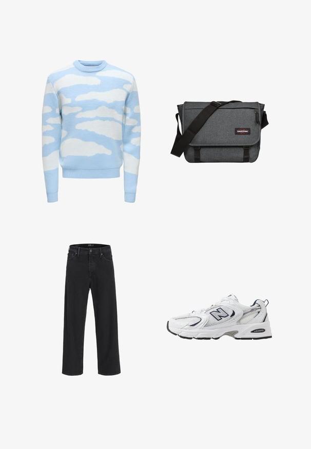 Maglione azzurro chiaro caratterizzato da un knit testurizzato con un motivo a nuvole in bianco. Collo rotondo e polsini e orlo a coste.; Jeans in denim nero a gamba dritta con chiusura a bottone e zip, passanti per cintura e tasche anteriori e posteriori.; Scarpa sportiva bianca con tomaia in mesh, dettagli in blu marino e suola imbottita. Presenta il logo "N", lacci e dettaglio texturizzato sul lato.; Borsa a tracolla grigia con tessuto testurizzato, tracolla nera e chiusura con fibbia. Presenta un'etichetta con logo e una tasca con zip frontale.