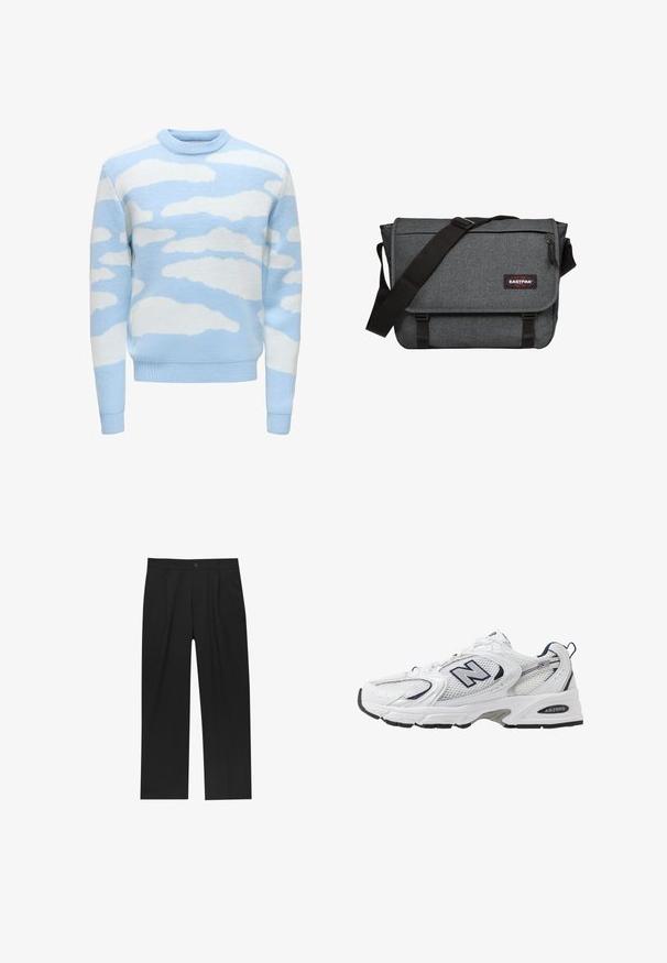 Lichtblauwe trui met een gestructureerde breiwijze en een wolkenpatroon in het wit. Ronde halslijn en geribbelde mouwen en onderrand.; Zwarte broeken met een recht model, gemaakt van een gladde stof. Voorzien van een voorplooien en een enkele knoopsluiting bij de taille.; Witte sport schoen met mesh bovenkant, marineblauwe accenten en een gehoorzaamde zool. Bevat het "N" logo, veters en een gestructureerde detail aan de zijkant.; Grijze messenger bag van een gestructureerde stof, met een zwarte schouderband en een sluiting met gesp. Het heeft een logopatch en een ritszak aan de voorkant.