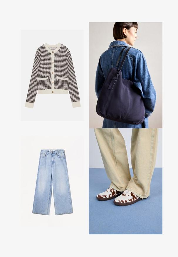 Sweter robiony na drutach w kolorze kremowym i granatowym z poziomymi paskami, z okrągłymi perłowymi guzikami i dwoma przednimi kieszeniami. Ściągacze przy mankietach.; Bershka WIDE jasnoniebieski denim; Białe i brązowe sneakersy w wzory, wykonane z siateczki i skóry, z brązowymi gumowymi podeszwami. Połączone z jasnobeżowymi spodniami o szerokich nogawkach.; Granatowa torba na ramię z płótna o miękkim, strukturalnym kształcie, z czarnym paskiem, przeszyciami i małą metką marki.