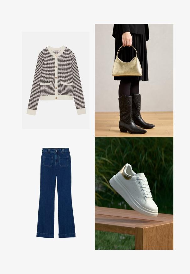 Adīta kardigāna krēmkrāsā un tumši zilā ar horizontālām svītrām, ar apaļām pērļu pogām un divām priekšējām kabatām. Ribota aproce.; Tumši zili džinsi ar izplestām kājām, gluda tekstūra, piecu kabatu dizains un pogu aizdare jostas vietā.; Baltie apavi ar zelta papēdi, kas ir paceļojušies virs koka sola, ar zaļu zāli un augstiem augiem fona.; Zeltīta, tekstūrēta rokassoma ar izliekumu un īsu rokturi, kuru tur persona, kas ģērbusies melnā plisētā svārku un melnās ādas kovboju zābakos.