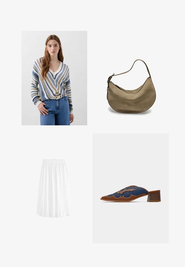 Beige, blauwe en witte gestreepte V-hals trui met een losse pasvorm en geribde manchetten. Draagt gecombineerd met lichtblauwe jeans en een witte riem.; Witte, knielange rok gemaakt van lichtgewicht stof. Bevat een elastische tailleband voor een verstelbare pasvorm en zachte draping.; Denim instappers met een spitse neus, bruine leren accenten en gedetailleerde stiksels in een golfpatroon. Lage, gestapelde houten hak.; Bruine suède hobo tas met een gebogen vorm, enkele schouderband, ritsluiting en een gladde textuur. Eenvoudig ontwerp met minimale hardwaredetails.