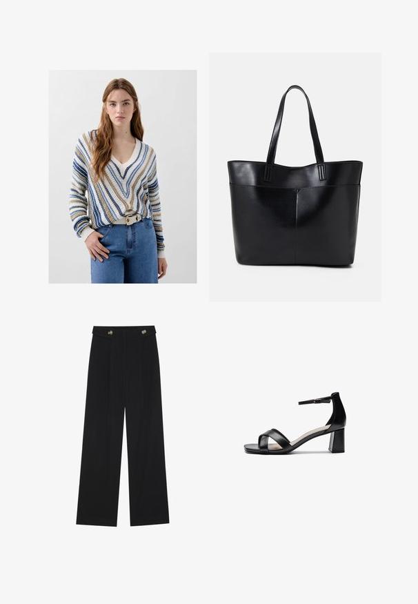 Pull en V rayé beige, bleu et blanc, avec une coupe ample et des poignets côtelés. Porté avec un jean bleu clair et une ceinture blanche.; Pantalons larges noirs à taille haute, avec des détails de boutons à la taille et des plis sur le devant.; Sandale à talon ouvert noire avec des brides croisées, une sangle de cheville ajustable et un talon épais, dotée d'une texture en cuir lisse.; Sac fourre-tout en cuir noir avec deux longues poignées, une texture lisse et une forme structurée. Dispose d'une poche avant pour un rangement supplémentaire.