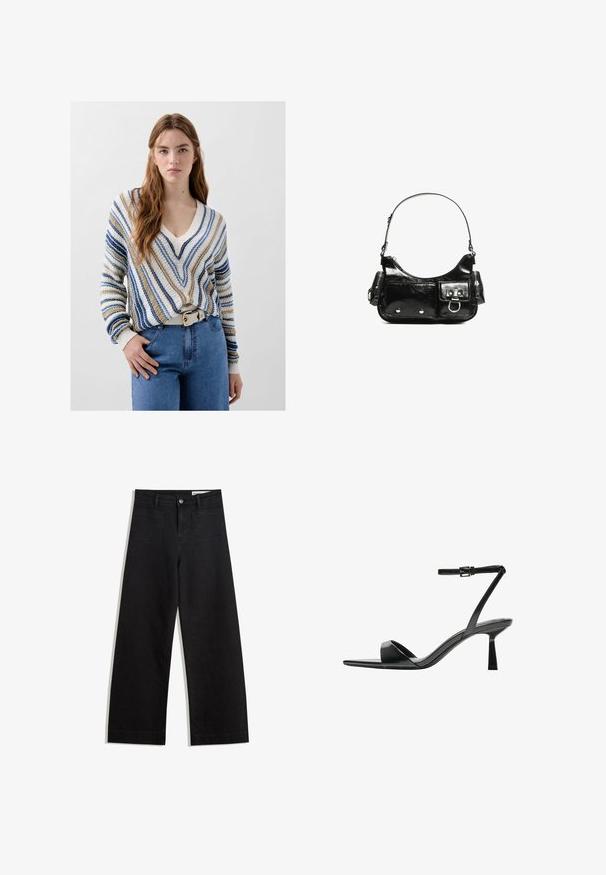 Pulover cu decolteu în V, în dungi bej, albastru și alb, cu o croială lejeră și mansete ribbate. Purtați cu blugi albastru deschis și o curea albă.; Pantaloni din denim negri cu picioare largi, cu talie înaltă, având buzunare frontale și posterioare, cusături dublate și închidere cu nasture. Textură netedă.; Bershka Sandale cu toc - black; Geantă de mână din piele lăcuită neagră, cu o formă curbată, un umăr, buzunare frontale și accente din metal argintiu.