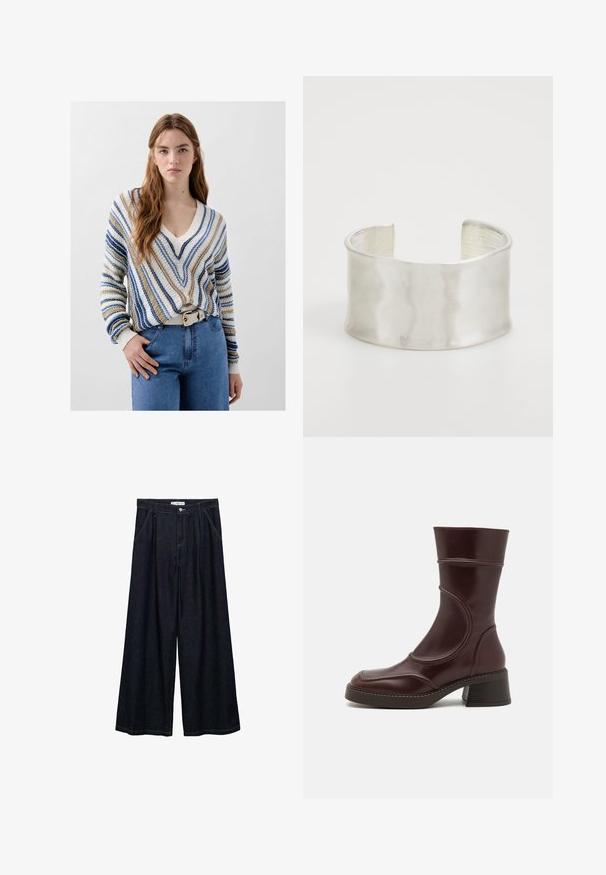 Pulover cu decolteu în V, în dungi bej, albastru și alb, cu o croială lejeră și mansete ribbate. Purtați cu blugi albastru deschis și o curea albă.; Pantaloni largi din denim închis, cu talie înaltă, având un închidere cu nasture frontal, două buzunare laterale și detalii de cusătură.; MIISTA MALENE - Botine clasice - brown; Zign Brăţară - silver-coloured