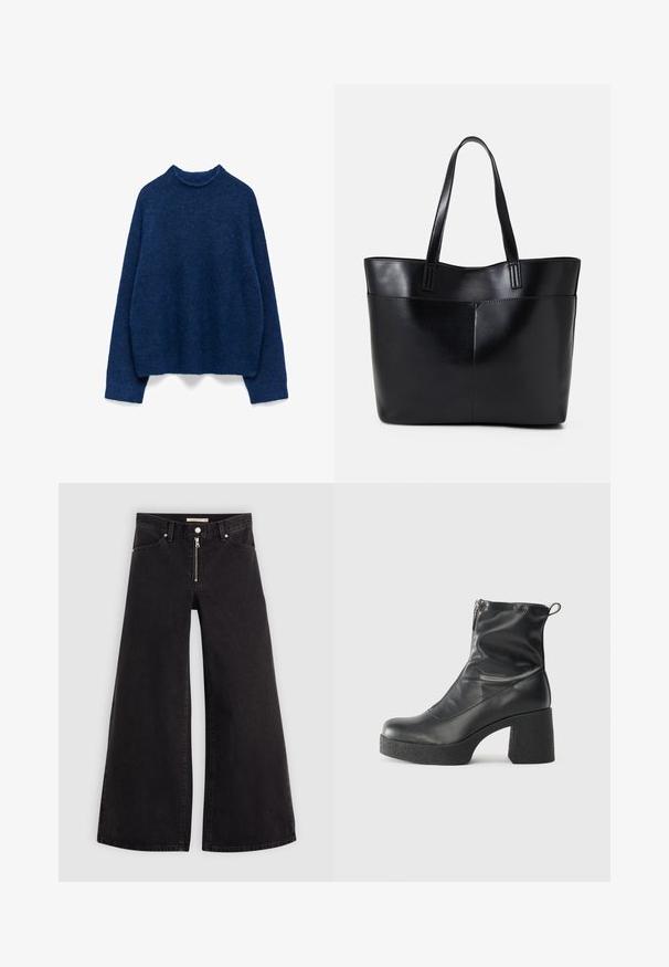 Niebieski, dziany sweter z wysokim dekoltem, długimi rękawami i luźnym, krótkim krojem. Tekstura wydaje się miękka i puszysta.; Jeans o szerokich nogawkach w czarnym denienie z zamkiem błyskawicznym z przodu, pięcioma kieszeniami i subtelnymi detalami przeszycia. Gładka tekstura i swobodny styl.; Czarne botki za kostkę wykonane z gładkiej skóry, wyposażone w boczny zamek błyskawiczny, masywny teksturowany obcas oraz zaokrąglony czubek.; Czarna skórzana torba na ramię z dwoma długimi uchwytami, gładką teksturą i sztywną formą. Posiada przednią kieszeń dla dodatkowego przechowywania.
