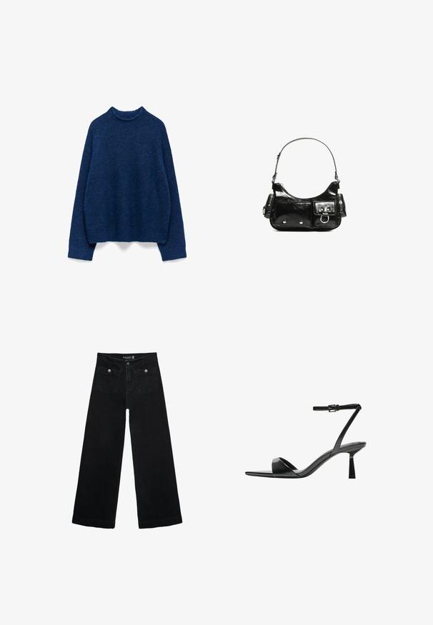 Niebieski, dziany sweter z wysokim dekoltem, długimi rękawami i luźnym, krótkim krojem. Tekstura wydaje się miękka i puszysta.; Czarne, szerokie dżinsy z wysokim stanem, z dwoma przednimi kieszeniami i metalowymi guzikami. Tkanina ma gładką fakturę.; Bershka - Sandały na obcasie; Czarna torebka z lakierowanej skóry o zaokrąglonym kształcie, z jednym paskiem na ramię, przednimi kieszeniami i akcentami w kolorze srebrnym.