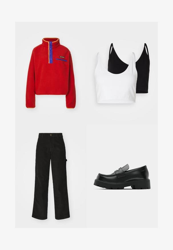 Columbia HELVETIA™ II CROPPED HALF SNAP - Pulover iz flisa - sail red; Dva bombažna crop topa v beli in črni barvi. Vsak ima globok izrez in tanke naramnice, ter se ponaša z gladko, mehko teksturo.; Črne kordurojske hlače s ravnim krojem, ki imajo gumbasto zapiranje in stranske žepe. Gladka tekstura z finimi vertikalnimi črtami.; Črne usnjene loafer čevlje z masivnim teksturiranim podplatom, opremljene z naramnico nad vampom in gladko, polirano površino.