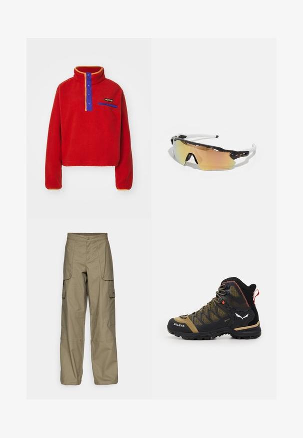 Columbia HELVETIA™ II CROPPED HALF SNAP - Flísová bunda - sail red; Cargo nohavice v olivovozelenej látke, s voľným strihom, viacerými bočnými vreckami a zapínaním na gombík v páse. Hladká štruktúra.; Stredne vysoká turistická obuv v čiernej a olivovo zelenej farbe, s priehľadnou sieťovinou, gumovou podrážkou a textúrovanými akcentmi, vybavená zadným úchopovým pútkom.; Slnečné okuliare s čierno-bielym rámom, veľké zrkadlové šošovky v zlatých a ružových odtieňoch, aerodynamický dizajn a predĺžený vonkajší okraj.