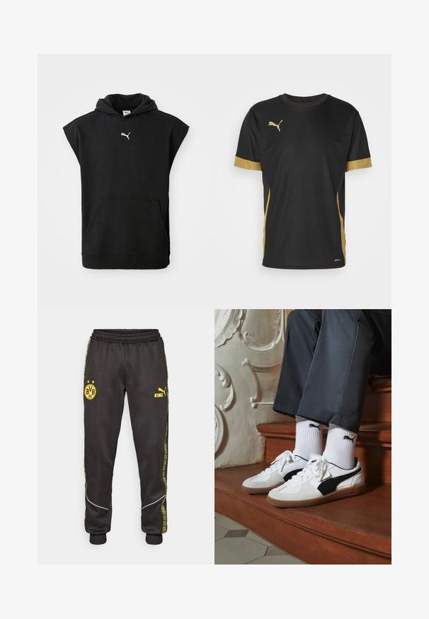 Svart ermeløs hettegenser med frontlomme og hvit Puma-logo plassert midt under hetten.; Svart treningst-skjorte med gulldetaljer på ermene og siden. Har rund hals, korte ermer og fukttransporterende DRYCELL-stoff.; Svarte treningsbukser med gule Borussia Dortmund BVB 09 og Puma King-logoer, elastisk liv, og mønstrede gule sidestriper.; Puma-sneakers i hvitt og svart semsket skinn, med en brun gummisåle. Kombinert med hvite sokker med en svart logo, båret med mørke bukser.