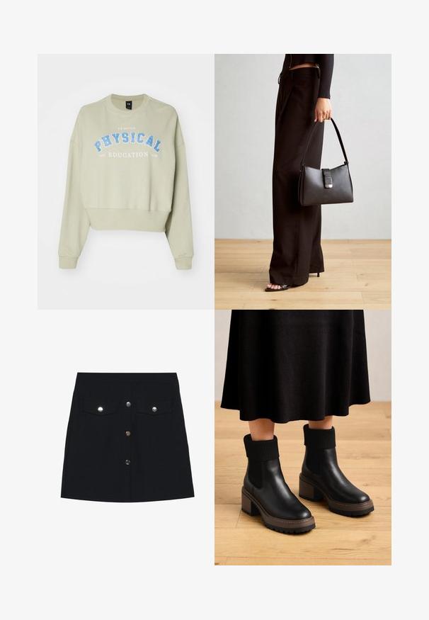 Lyhennetty collegepaita pehmeästä, vaaleanvihreästä puuvillasta, jossa on sininen "LIKKAKOULUTUS" -painatus. Varustettu ribatulla hihansuilla ja pyöreällä kaula-aukolla.; Mustat farkuhameet suoralla leikkauksella, jossa on kaksi rintataskua, viisi hopeista napinläpeä edessä ja sileä pinta.; Mustat nahka nilkkurit, joissa on ribbed-kankaiset varret, tukevat ruskeat korot ja teksturoitu pohja. Sileä pinta elastisilla sivupaneeleilla.; Musta käsilaukku, jossa on rakenteellinen muoto, sileä pinta ja metallinen solki. Yhdistetty leveisiin mustiin housuihin ja avonaiheisiin sandaaleihin puulattialla.