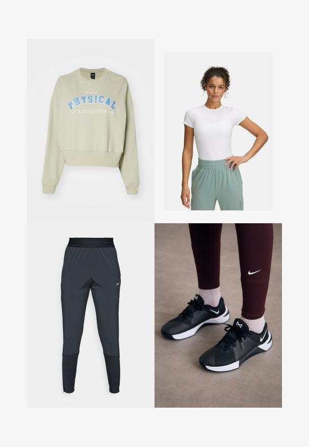 Cropped sweatshirt in soft, light green cotton with blue "PHYSICAL EDUCATION" print. Features ribbed cuffs and crew neck.; White fitted t-shirt with short sleeves, paired with light green elastic waistband pants. Smooth texture, minimalist design, and no visible patterns.; Nike athletic pants in dark gray, featuring a tapered leg design, elastic waistband, and accent details near the cuffs.; Black athletic shoes with a textured upper and white accents, featuring laces and a side logo. Worn with maroon leggings and light socks.