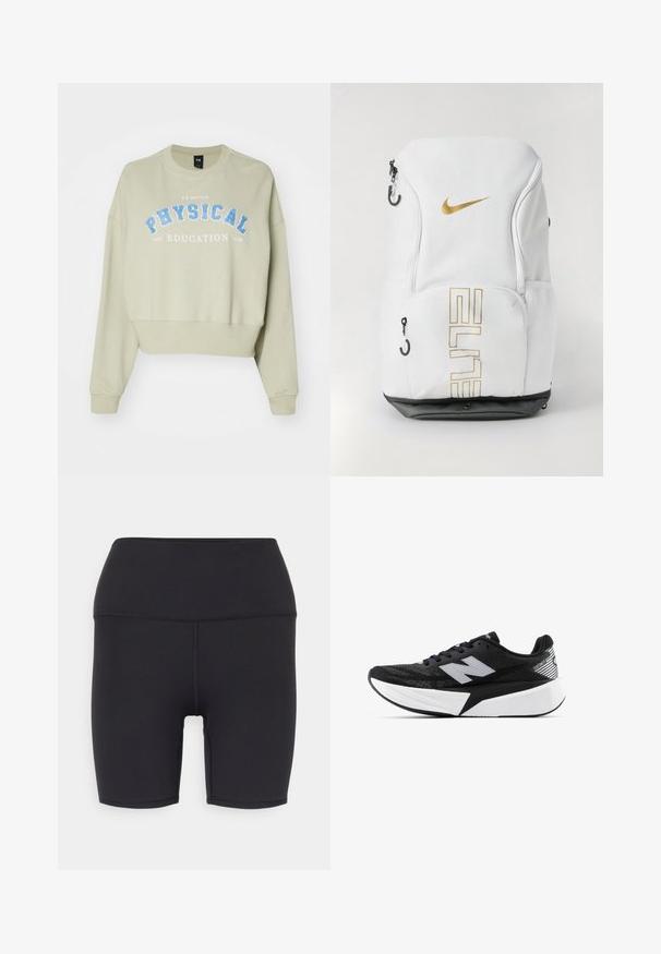 Sweatshirt coupé en coton doux et léger de couleur vert pâle avec l'inscription "ÉDUCATION PHYSIQUE" en bleu. Il présente des poignets côtelés et un col rond.; Shorts de sport noirs en matériau extensible, avec une taille haute, une texture lisse et sans motifs ni accessoires visibles.; Chaussure de course New Balance noir et blanc avec semelle épaisse, tige en mesh et logo "N" sur le côté, vue de l'extérieur.; Sac à dos Nike en blanc avec un logo doré et le texte "ELITE", fermetures éclair, poches latérales en mesh et une base inférieure noire. Texture lisse.