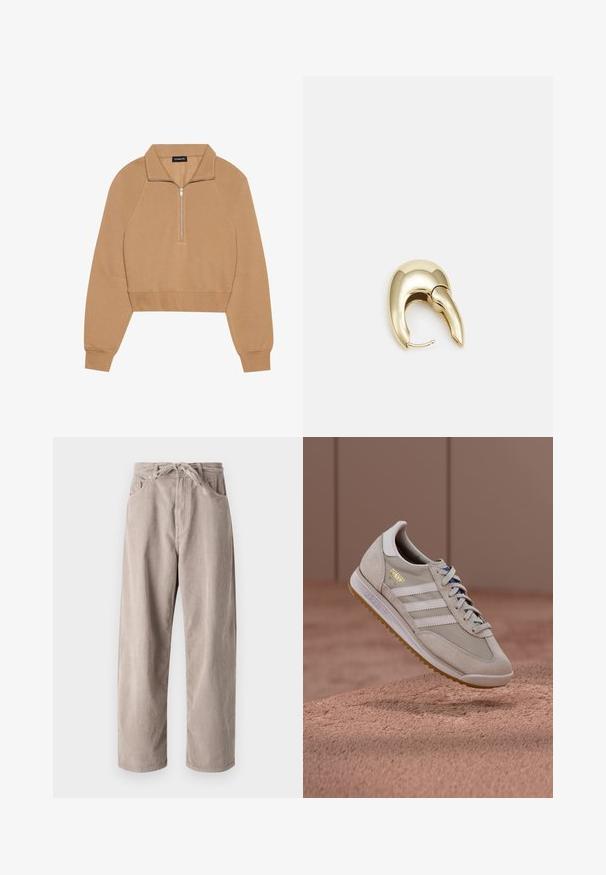 Even&Odd Sweatshirt - tan; Beige corduroy trousers with a loose fit, featuring a drawstring waist, two front pockets, and vertical ribbed texture.; Beige sneakers with suede and mesh upper, white three stripes, gum rubber sole, blue laces, and golden accent logo. Classic retro design.; Gold-tone metal earring with a sleek, curved design. Features a distinctive pointed shape, polished surface, and hinge closure.