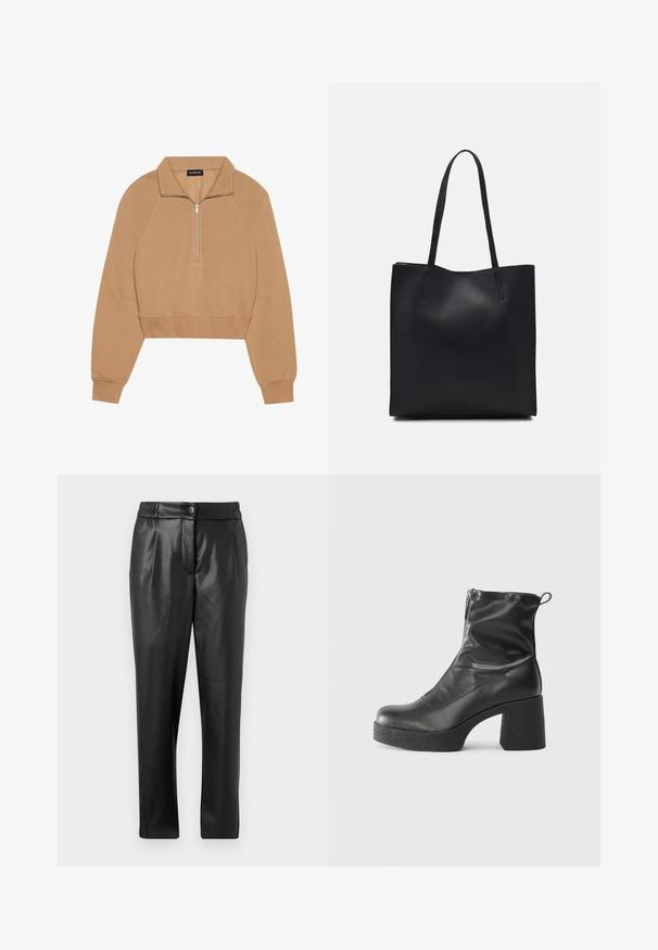 Even&Odd Sweatshirt - tan; Black leather pants with a smooth texture, straight fit, elastic waistband, and a front button closure; pleated detailing and tapered legs.; Black ankle boots made of smooth leather, featuring a side zipper, chunky textured heel, and rounded toe design.; Black leather tote bag with smooth texture, rectangular shape, and two long handles. No visible hardware or embellishments.