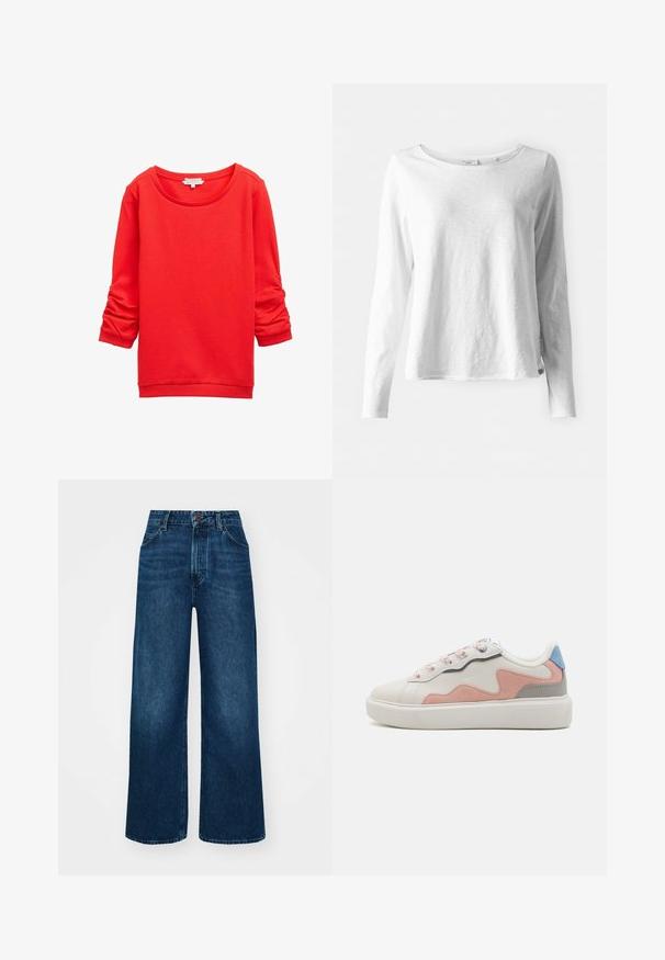 Roter Pullover mit rundem Ausschnitt, langen Ärmeln mit Raffung und einem strukturierten Stoffmuster. Rippenbündchen und Saum.; Langärmliges weißes T-Shirt aus weichem, leichtem Stoff; mit rundem Halsausschnitt und leicht lockerer Passform; Etikett an der Seite sichtbar.; Hochtaillierte, weit geschnittene Jeans in dunkelblauem Denim mit glatter Textur, Kontrastnähten und einem Fünf-Taschen-Design. Verschluss mit einem Frontknopf.; Niedrig geschnittene Sneakers mit einem weißen synthetischen Obermaterial, Akzenten aus rosa und grauem Wildleder, einer strukturierten weißen Gummisohle und bunten Schnürsenkeln.