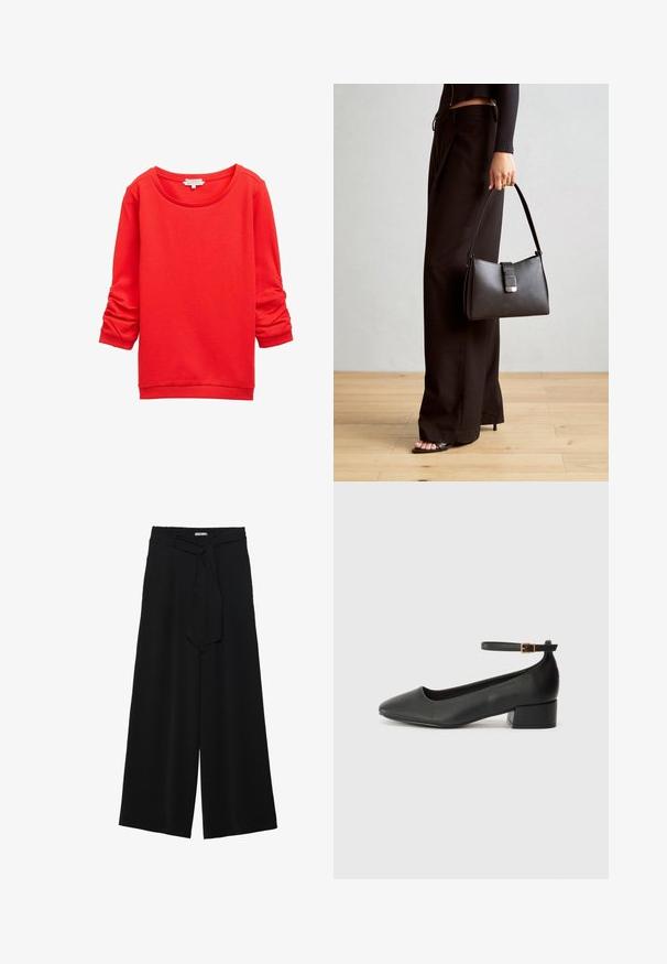 Červená mikina s okrúhlym výstrihom, dlhými rukávmi so zbieranými detailmi a textúrovaným vzorom tkaniny. Rebrované manžety a spodný lem.; Čierne široké nohavice s textúrovanou tkaninou, elastickým pásom a odnímateľným viazaním na páse pre nastaviteľné priliehanie.; Čierne kožené lodičky s špicatou špičkou a nízkym blokovým podpätkom. Obsahuje remienok okolo členka so zlatým prackou. Hladký povrch.; Čierna kabelka so štruktúrovaným tvarom, hladkou textúrou a kovovou sponou. V kombinácii so širokými čiernymi nohavicami a sandálmi s otvorenou špičkou na drevenej podlahe.