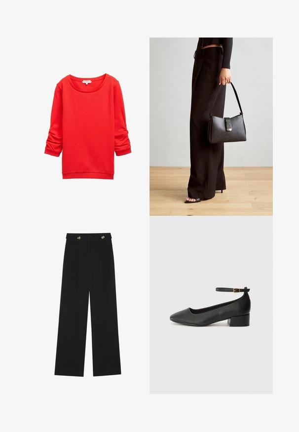 Hanorac roșu cu guler rotund, mâneci lungi cu detalii plisate și un model de țesătură texturată. Mansete și tiv cu nervuri.; Pantaloni negri cu picioare largi, talie înaltă, detalii cu butoane pe talie și pliseuri în față.; Pantof cu toc negru din piele, cu vârf ascuțit și toc mic pătrat. Dispune de o curea la gleznă cu o cataramă în tonuri de aur. Textură netedă.; Genți negre cu o formă structurată, textură netedă și un închizător metalic. Asortată cu pantaloni negri largi și sandale cu vârf deschis pe un podea din lemn.
