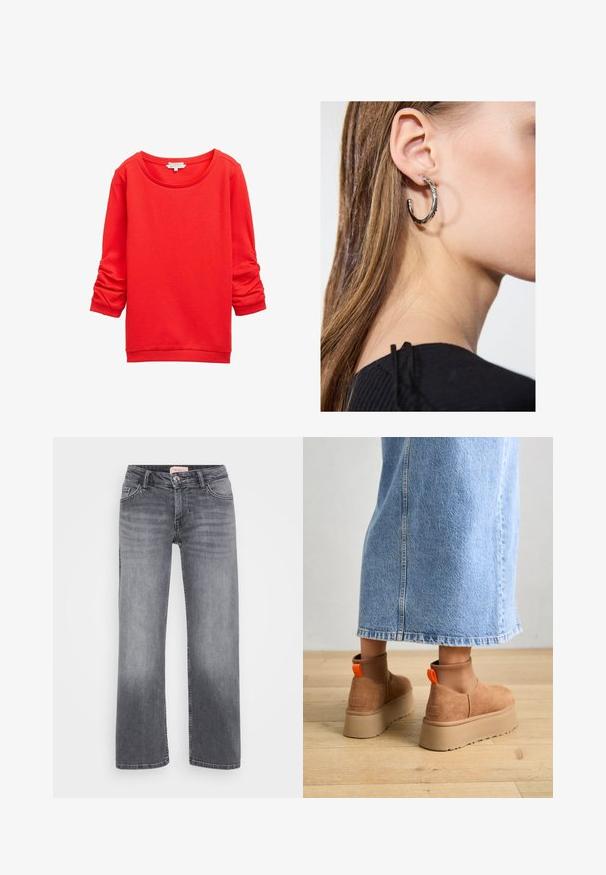 Roter Pullover mit rundem Ausschnitt, langen Ärmeln mit Raffung und einem strukturierten Stoffmuster. Rippenbündchen und Saum.; Graue Jeans aus Denim mit geradem Bein, fünf Taschen, dezentem Verblassen und einem Knopfverschluss in der Taille.; Braune Wildleder-Plateau-Stiefel mit elastischen Seitenpaneelen und orangen Zuglaschen, kombiniert mit einem knielangen hellen Jeansrock auf einem Holzboden.; Silberne Creolen mit polierter Oberfläche, die kleine goldene Akzentdetails und eine runde Form aufweisen, am Ohrläppchen getragen.