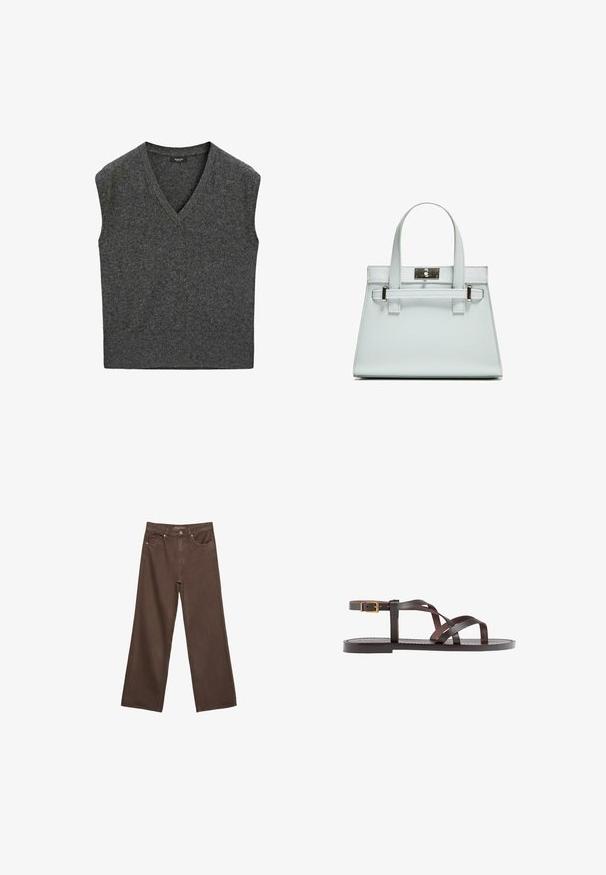 Šedý bezrukávový svetr s výstřihem do V, vyrobený z měkké pleteniny. Má ribbený lem a hladkou texturu po celém povrchu.; Hnědé džíny s širokými nohavicemi vyrobené z denimu, s vysokým pasem, předními kapsami a klasickým zapínáním na knoflík. Hladká textura s jemným švem.; Hnědé kožené sandály s kříženými pásky, uzavřením na přezku u kotníku a plochou podrážkou s minimem švů.; Světle modrá kabelka se strukturovaným designem, dvěma držadly a stříbrným kováním. Texturovaný materiál a ostré rohy.