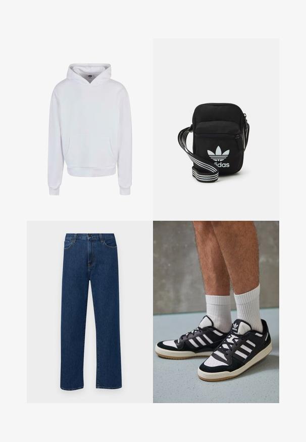 Hvit hettegenser med lomme foran, ribbestrikkede ermer og nederkant. Laget av mykt materiale med en glatt tekstur.; Mørkeblå rette jeans i denim med frontlommer og knappelukking, vist på en enkel hvit bakgrunn.; Sorte og hvite sneakers med overdel i semsket skinn og lær, med tre hvite striper, perforert tå og en såle av gummi.; Svart stoff crossbody veske med glidelås, med en hvit Adidas-logo og enstripet justerbar stropp for enkel bæring.
