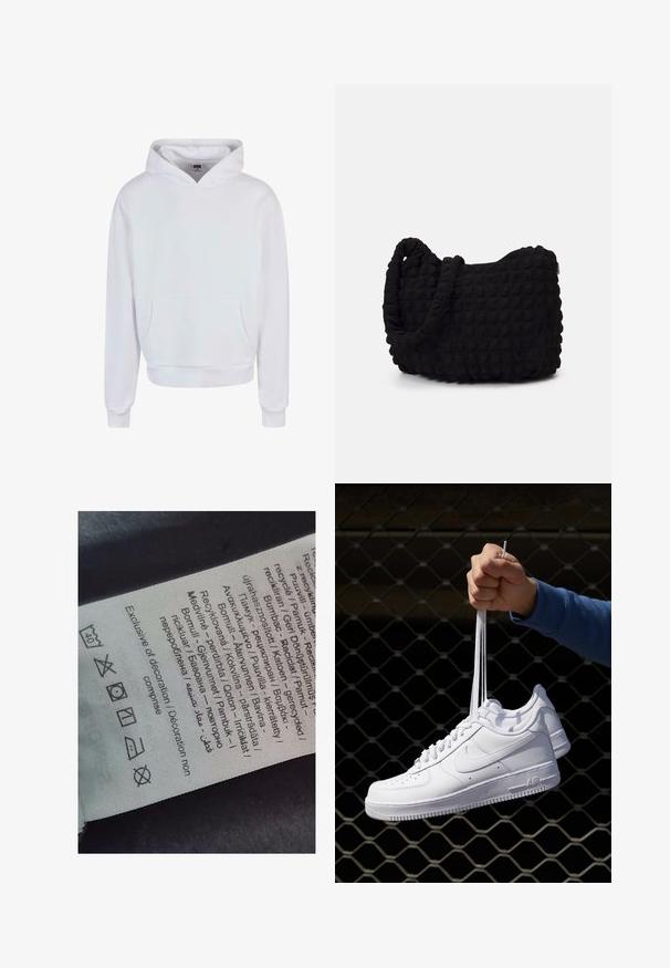 Valge kapuutsiga särk, millel on ees kašmiirsuurune tasku, soonikkoes varrukad ja alumine äär. Valmistatud pehmest materjalist, millel on sile tekstuur.; Sildi silt, millel on mitmekeelsed tekstid, hooldusmärgid ja ringlussevõtuikoonid, trükitud pehme kangalaadsele materjalile heledates toonides.; Valged nahast tennisetossud, millel on perforatsioonid, ümar nina, lame tallus ja paksud nöörid, nähtava swooshi logoga ja "AIR" kontsadel.; Must mustkott, millel on tekstuuriga tikitud muster. Ümar kuju, lühikesed ja jämedad sangad ning pehme, paindlik struktuur.