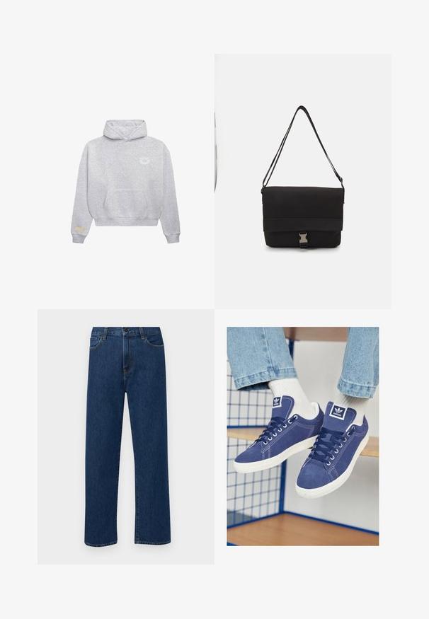 Světle šedá mikina s kapucí s přední kapsou ve tvaru klokaní kapsy, malé bílé kruhové logo na levém hrudníku a béžová obdélníková nášivka na manžetě levého rukávu.; Tmavě modré džíny s rovnými nohavicemi, předními kapsami a zapínáním na knoflík, vystavené na jednoduchém bílém pozadí.; Tmavě modré tenisky Adidas vyrobené z semiše, s bílou gumovou podrážkou, kulatou špičkou a logem na jazyku. Viditelné jasně bílé ponožky.; Černá messenger taška vyrobená z hladkého materiálu, s překlopným víkem, stříbrnými sponkami a nastavitelným ramenním popruhem.