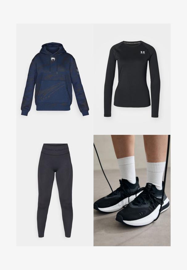 Granatowa bluza z kapturem, z teksturowanym wzorem, kieszenią typu kangaroo i kapturem ze sznurkiem. Zawiera białe logo na klatce piersiowej oraz czarne akcenty.; Czarna, długosleeve'owa koszulka sportowa z gładkiego materiału, z okrągłym dekoltem i małym białym logo na lewej piersi.; Czarne legginsy z wysokim elastycznym pasem z napisem "UNDER ARMOUR". Gładka tekstura z subtelnymi wzorami wzdłuż nóg.; Czarne buty sportowe z teksturowanym materiałem, białą podeszwą i czarnymi sznurowadłami. Nosi je osoba w białych skarpetkach w prążki, stojąca na jasnej powierzchni.