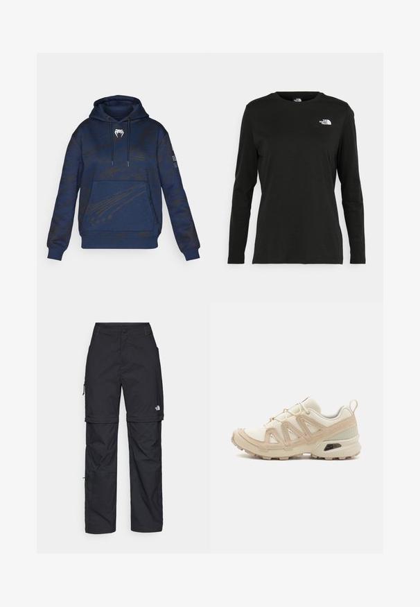 Hanorac bleumarin cu un model texturat, buzunar kangaroo și glugă cu șnur. Prezintă un logo alb pe piept și accente negre.; Iarna neagră cu mânecă lungă, din bumbac, cu guler rotund. Prezintă un mic logo alb în zona pieptului stâng. Design simplu și croi lejer.; Pantaloni cargo din nylon negru, cu fermoar detașabil, manșete ajustabile, multiple buzunare și un logo pe piciorul drept. Textură netedă și ușoară.; Pantofii sport bej și crem au un superior din plasă texturată, suprapuneri de susținere și o talpă din cauciuc cu un model de profil pentru aderență.