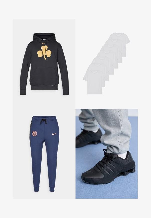 Juodas gobtuvėlis su dideliu auksiniu dobilu priekyje, su raišteliais ir priekinėmis kišenėmis. Minkšta, tekstūruota medžiaga.; Baltos medvilninės marškinėliai, trumpomis rankovėmis, apvaliu kaklu, lygia tekstūra, sušluoti į eilę, su subtiliu prekės ženklu ant kaklo.; Tamsiai mėlynos sportinės kelnės su elastinėmis apačiomis, su rožiniu logotipu ir Barselonos šarvu, šoninėmis kišenėmis ir juodais šoniniais akcentais.; Asmuo vilkintis juodas Nike Shox sportbačius ir pilkas treningo kelnes stovi ant šviesiai mėlynos kiliminės dangos.