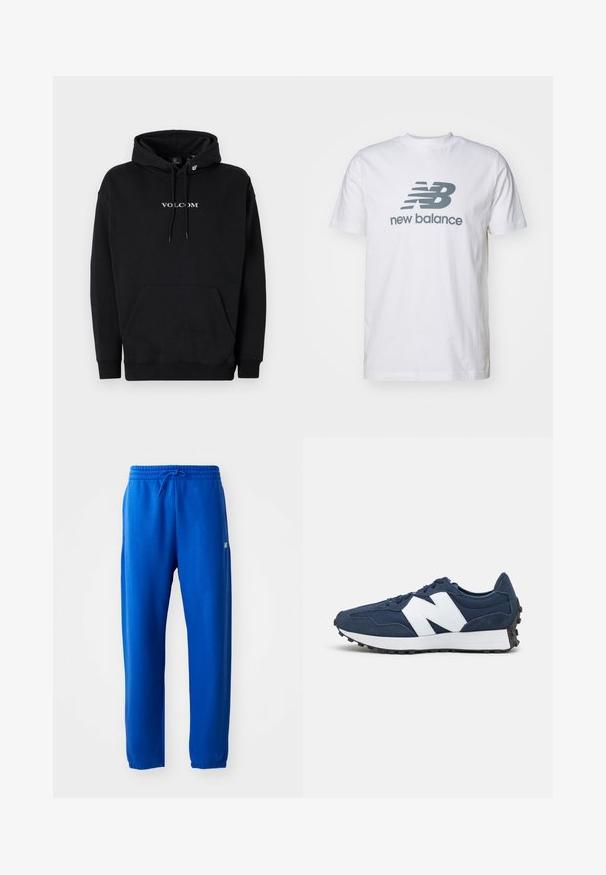 Pull-over noir en mélange de coton, avec une poche avant, un capuchon à cordon et le logo "VOLCOM" en lettres blanches.; T-shirt en coton blanc arborant un logo "NB" gris et le texte "new balance", à manches courtes, design classique à col rond, texture lisse.; Pantalon de sport bleu en tissu doux, doté d'une taille élastique avec cordon de serrage, de jambes fuselées et d'un petit logo sur le côté.; Baskets de sport bleu marine avec logo blanc, en suède et maille, dotées d'un col rembourré, de lacets plats et d'une semelle en caoutchouc noir texturé.