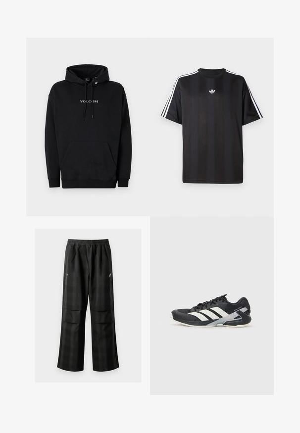 Černá mikina s kapucí vyrobená z bavlněné směsi, která má přední kapsu, stahovací kapuci a logo "VOLCOM" v bílém písmu.; Černé tričko s krátkým rukávem s bílými třemi pruhy na ramenou a malým bílým logem na hrudi. Hladká textilie.; Černé kostkované kalhoty s elastickým pasem, dvěma předními kapsami a volným střihem se rovnými nohavicemi. Vyrobeny z lehkého materiálu.; Černá sportovní obuv s bílými pruhy, síťovaným svrškem, zaoblenou špičkou a polstrovanou podrážkou. Obsahuje texturovanou patu a bezpečný systém šněrování.