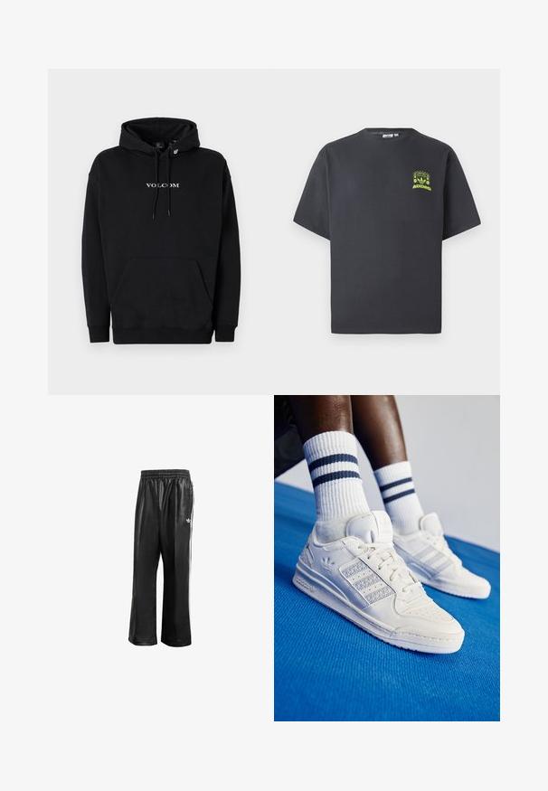Schwarzer Pullover-Hoodie aus Baumwollmischung, mit einer Brusttasche, Kordelzugkapuze und "VOLCOM"-Logo in weißer Schrift.; Dunkelgraues Adidas-T-Shirt mit kurzen Ärmeln und einem kleinen neongrünen Aufdruck von Lautsprechern, Sonne und dem Adidas-Logo auf der linken Brust.; Schwarze synthetische Sporthosen mit elastischem Taillenbund, ausgestattet mit weißen Seitenstreifen und einem kleinen weißen Logo auf der linken Hüfte.; Weiße Leder-Sneaker mit perforierten Akzenten, drei metallischen Streifen und einem strukturierten Seitenpaneel. Getragen mit weißen Socken mit blauen Streifen.