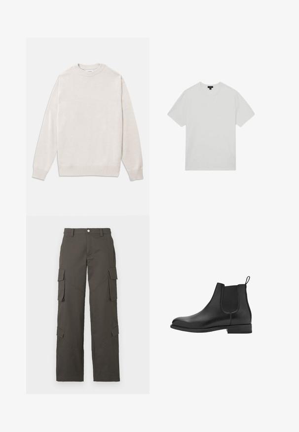 Světle béžový svetr vyrobený z měkké látky, s žebrovaným kulatým výstřihem, manžetami a lemem, s volnějším střihem a minimalistickým designem.; Bílá bavlněná tričko s kulatým výstřihem, krátkými rukávy a volným střihem. Hladká textura, bez vzorů nebo ozdob.; Tmavě šedé cargo kalhoty rovného střihu s zapínáním na knoflík a čtyřmi klopovými kapsami, dvě na stehnech a dvě poblíž lýtek.; Černé kožené chelsea boty s elastickými bočními panely, kulatou špičkou a nízkým blokovým podpatkem. Hladká textura a čistý, minimalistický design.