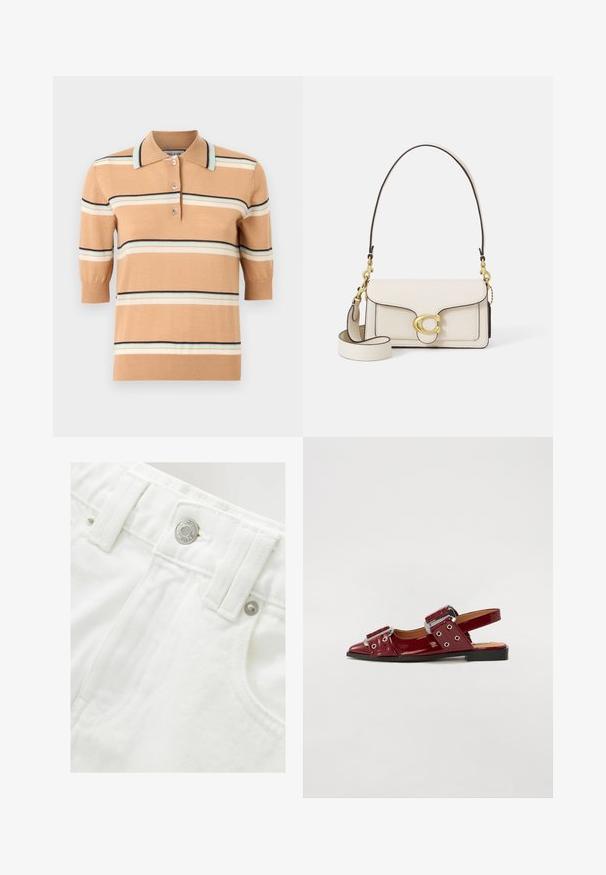 Camisa de polo de punto beige con mangas cortas, que presenta franjas horizontales multicolores en azul claro, crema y azul marino. Con tapeta de tres botones.; Pantalones cortos de mezclilla blanca con una pretina estructurada, detalle de botón plateado y tejido texturizado. Presenta bolsillos frontales y costuras cuidadas.; Zapatos slingback de charol burdeos con punta afilada, que cuentan con dos correas ajustables con hebillas y acentos de hardware plateado.; Bolso de mano de cuero crema con un diseño estructurado, bordes negros contrastantes, herrajes dorados y una correa desmontable con un logo distintivo.; Reloj con correa de malla dorada, esfera redonda negra, índices minimalistas y corona plateada; presenta un logo en la posición de las 12 en punto.