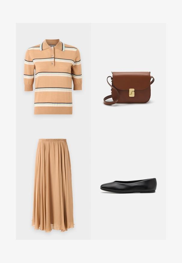 Ompu isit sälv i béj med kortärmar, med flerfärgade horisontella ränder i ljusblått, krämfärgat och marinblått. Tre-knapps knäppning.; Maxihame vaaleanbeigeä, valmistettu ilmavasta kankaasta. Siinä on kokoontuva joustavyötärö ja pehmeät poimut liikkumista varten.; Paul Smith TOPANGA - Ballerinat - black; Ruskea nahkainen käsilaukku, jossa on läppäkiinnitys, kultasävyiset yksityiskohdat, olkahihna ja sileä pinta. Kompaktin suorakaiteen muotoinen.