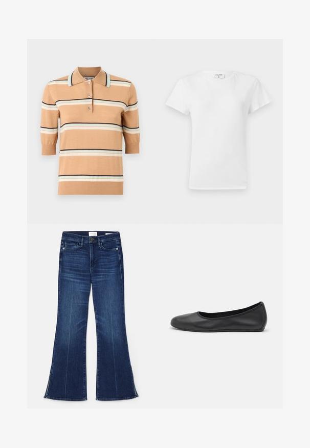 Beige knit polo shirt with short sleeves, featuring multi-colored horizontal stripes in light blue, cream, and navy. Three-button placket.; White cotton t-shirt with a crew neckline and short sleeves, featuring a relaxed fit and minimalistic design. Tag visible at the neck.; Dark blue flared jeans made from denim. Features a high waist, front pockets, and slit details at the hem. Classic five-pocket design.; Black leather ballet flat with a rounded toe, smooth texture, minimal stitching detail, and a flexible sole design.