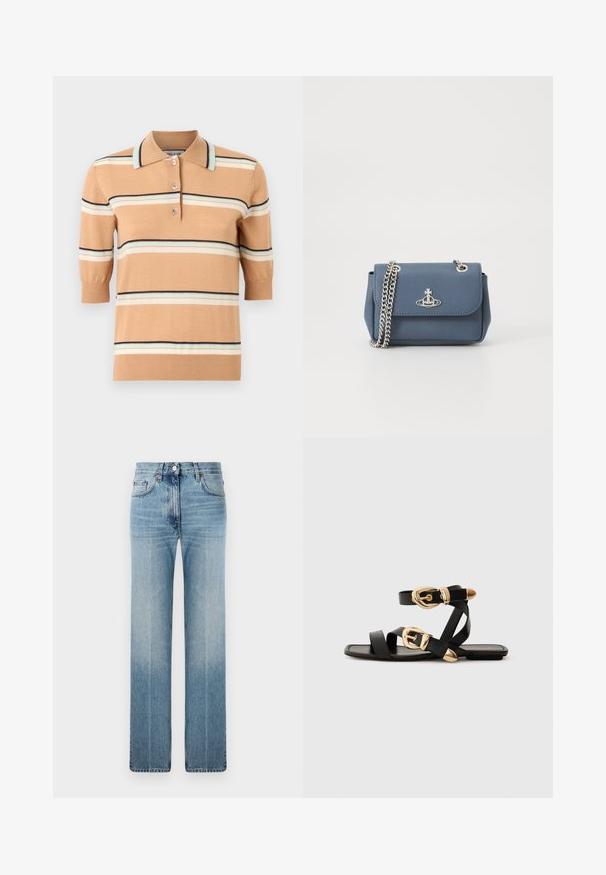Béžové pletené polo tričko s krátkymi rukávmi, zdobené viacfarebnými horizontálnymi pruhmi v svetlomodirom, smotanovom a námorníckom. Trojica gombíkov na zapínanie.; Svetlomodré rovné džínsy vyrobené z denimu, s jemným vyblednutím, klasickým dizajnom piatich vreciek a kovovým zapínaním na gombík v páse.; Čierne kožené sandále so zlatými prackami, s viacerými pásikmi a plochou podrážkou pre otvorené nosenie.; Modrá textúrovaná kabelka z umelej kože so strieborným reťazovým popruhom a logom na prednej strane. Uzáver s klapkou.