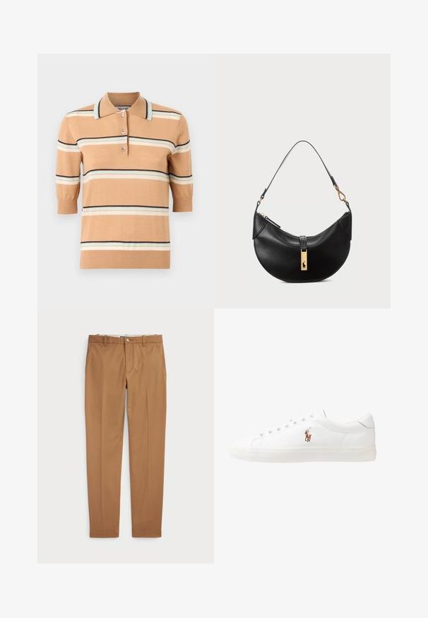 Camisa de polo de punto beige con mangas cortas, que presenta franjas horizontales multicolores en azul claro, crema y azul marino. Con tapeta de tres botones.; Pantalones de algodón marrón con un diseño ajustado, parte delantera plana y bolsillos estándar; textura suave y puños dobladillos.; Zapatillas de cuero blancas, diseño de corte bajo, con una textura suave, puntera redonda, cordones en la parte delantera y un pequeño logo bordado en el lateral.; Bolso de cuero negro en forma de media luna. Presenta un acento de hardware dorado y una correa estrecha. Textura suave, cierre de cremallera en la parte superior.