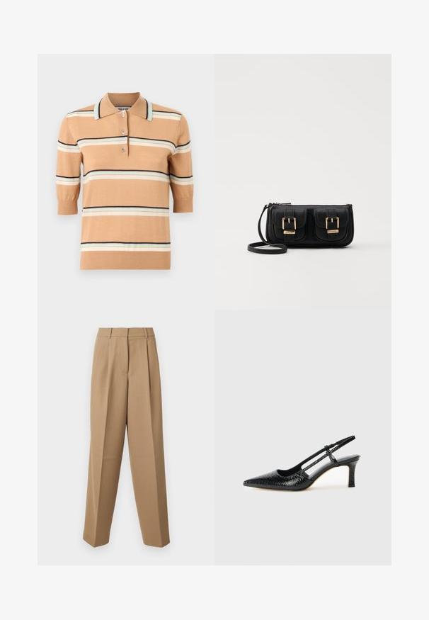 Beige strikket polo-skjorte med korte ermer, prydet med flerfargede horisontale striper i lys blå, krem og marineblå. Tre-knappers lukking.; Beige skræddersyede bukser med høj talje, plisseret front og brede ben. Stof virker glat med en let glans.; Sorte patent slingback hæl med spids tå, featuring tekstureret slangeskind, justerbar rem og en kort, tekstureret blokhæl.; Svart skinn crossbody veske med to frontlommer, gyldne spenner, glidelåslukking og en slank stropp. Teksturert overflate og kompakt rektangulær form.