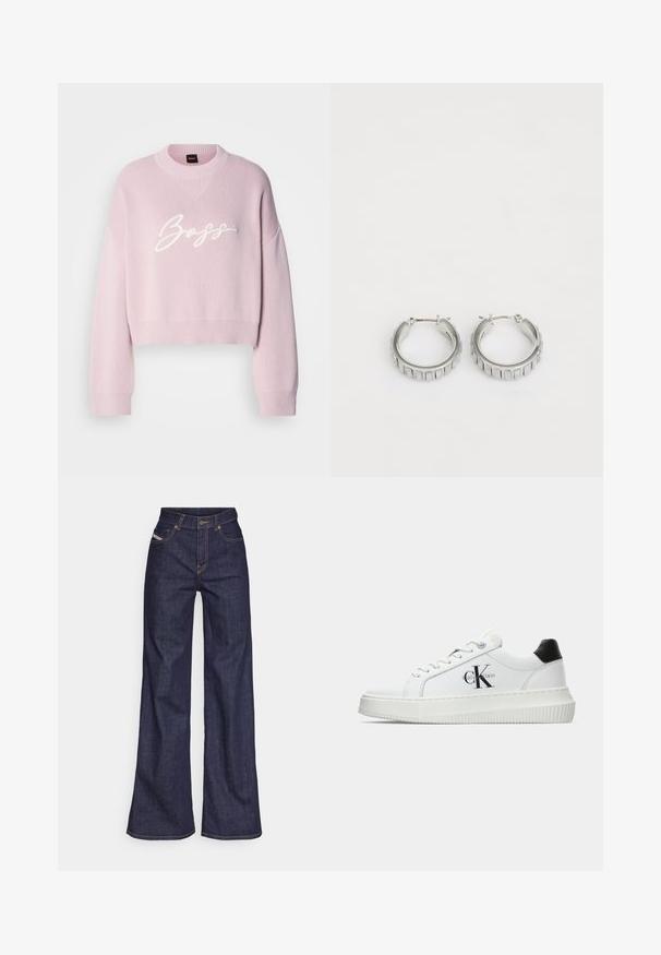 Pull en tricot rose au design court, avec un col rond et des manches amples, orné d'une broderie blanche "Boss" sur le devant.; Jeans ample bleu foncé en denim avec taille haute, ornés de surpiqûres orange, d'un design à cinq poches et d'une fermeture à bouton.; Baskets basses blanches avec un tab de talon noir, semelle plateforme, lacets et logo "CK" de Calvin Klein sur le côté.; Boucles d'oreilles en argent en forme de créole avec un design texturé comportant des rayures verticales. Forme circulaire avec un fermoir à attache sécurisée. Fini lisse.