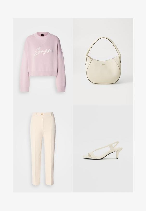 Pink knitted sweater with a cropped design, featuring a rounded neckline and loose sleeves, adorned with white "Boss" embroidery on the front.; Cream-colored, high-waisted trousers made of textured fabric. Features a front button closure and tapered legs.; Beige block-heeled sandals with thin straps and a square toe. Smooth material with minimal detailing, designed for easy wear.; Cream-colored handbag with a textured finish, curved shape, short handle, and gold-tone logo detail. Zipper closure at the top.