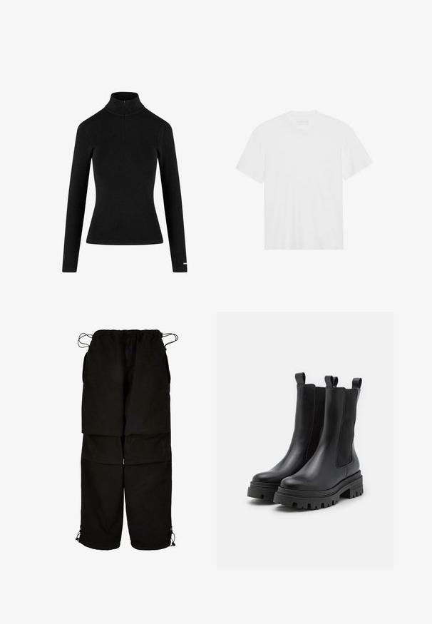 Svart ribbad långärmad polo med halvdragkedja och figurnära silhuett, tillverkad av ett mjukt, stretchigt material. Minimalistisk design.; Vit bomull t-shirt med kort ärm, rundad halsringning och rak nederdel. Slät textur, minimalistisk design utan mönster eller detaljer.; Svarta byxor i lättviktsmaterial, med justerbart midjeband och dragsko i nederkant. Designade med en lös, oversized passform och flera fickor.; Svarta läderankelstövlar med elastiska sidopaneler och dragflikar. Kraftiga gummisulor med djupa mönster för ökad grepp.